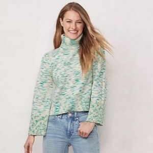 LC LAUREN CONRAD Green & Tan Space Dye Bell Sleeve Turtleneck Sweater Medium